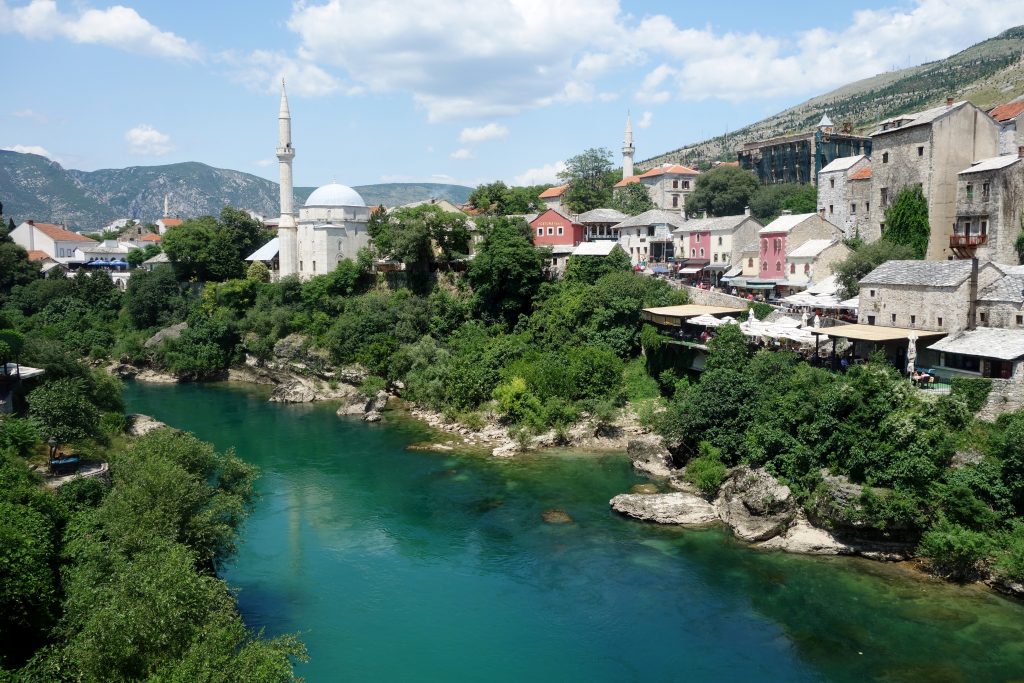 Mostar, Bosnia as seen from the old bridge looking over the river. 