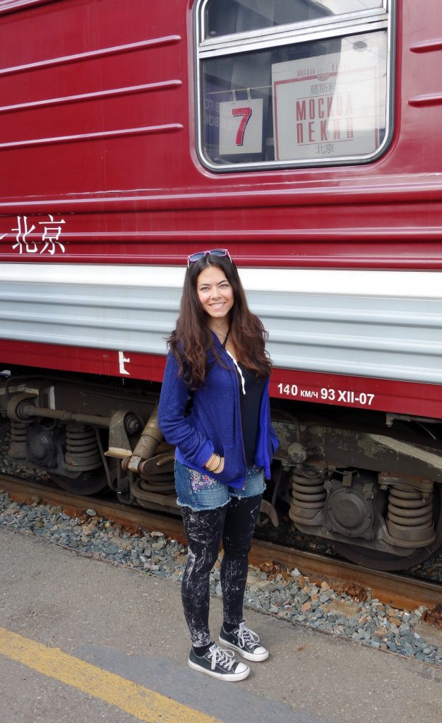Standing in from of the train from Moscow to Irkutsk on the first leg of the Trans-Mongolian railroad