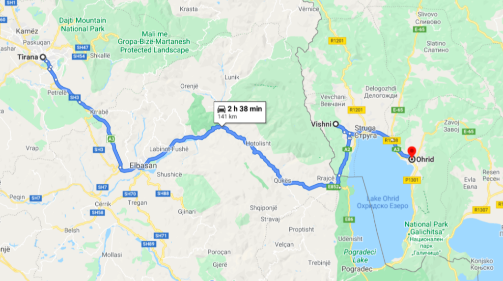 a map of the route from Tirana, Albania, to Vishni, Macedonia and finally to Ohrid, Macedonia