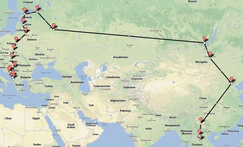 A map of moving overland from Tirana, Albania, to Vientiane, Laos, all by train or bus.